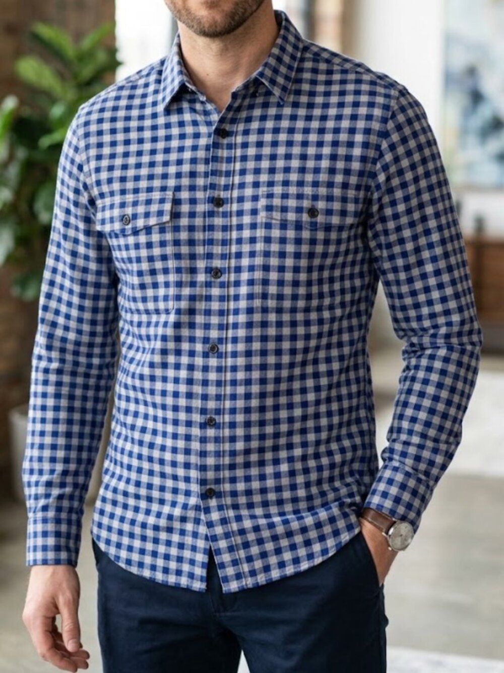 Theory Men's Large Slim Fit Blue Grey Gingham Utility Button Down Shirt